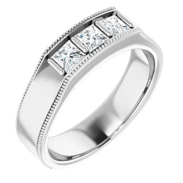 Three Stone 1.0 ctw Bar Set Princess Diamond Men's Ring Milgrain Accent