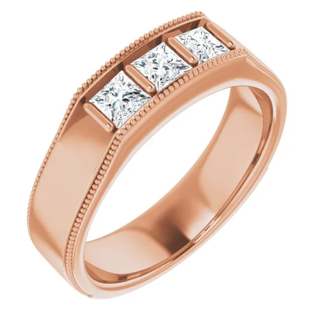 Three Stone 1.0 ctw Bar Set Princess Diamond Men's Ring Milgrain Accent