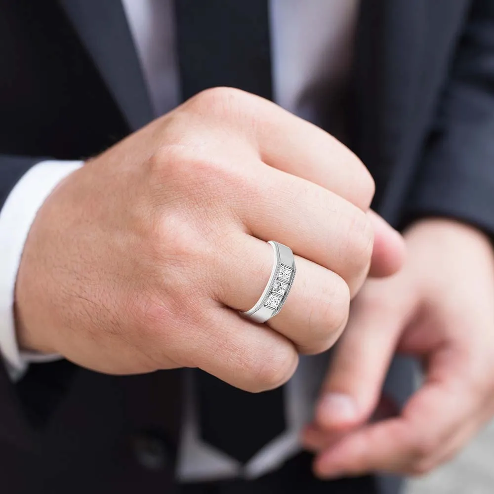 Three Stone 1.0 ctw Bar Set Princess Diamond Men's Ring Milgrain Accent