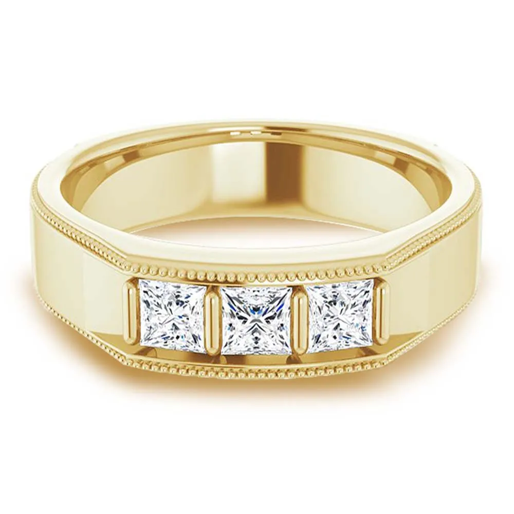 Three Stone 1.0 ctw Bar Set Princess Diamond Men's Ring Milgrain Accent