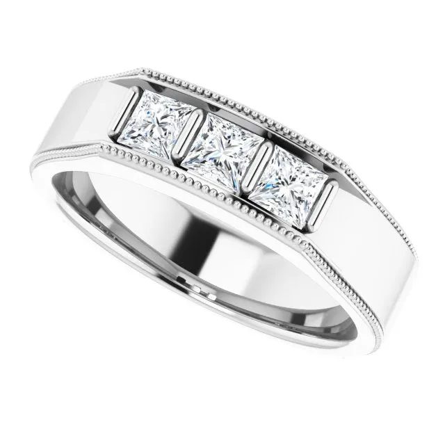 Three Stone 1.0 ctw Bar Set Princess Diamond Men's Ring Milgrain Accent