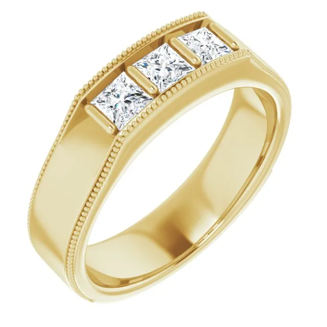 Three Stone 1.0 ctw Bar Set Princess Diamond Men's Ring Milgrain Accent