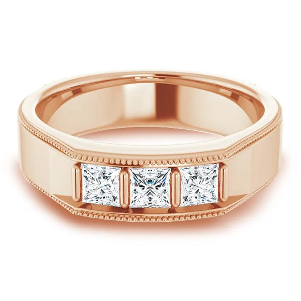 Three Stone 1.0 ctw Bar Set Princess Diamond Men's Ring Milgrain Accent