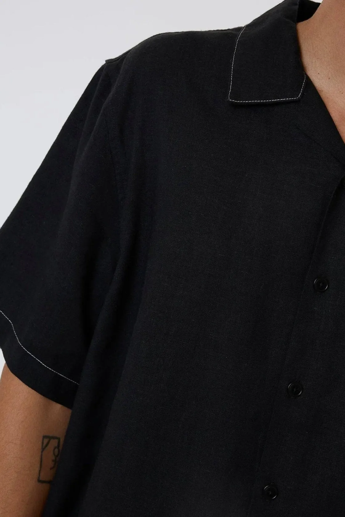 Thrills Hemp Minimal Contrast Stitch Bowling Shirt Black
