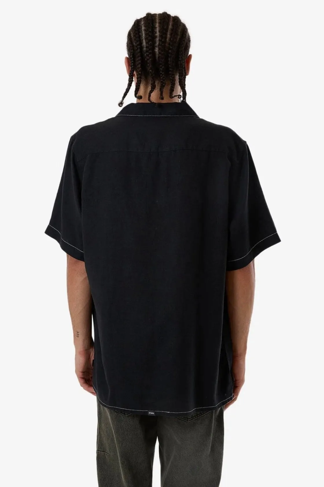 Thrills Hemp Minimal Contrast Stitch Bowling Shirt Black