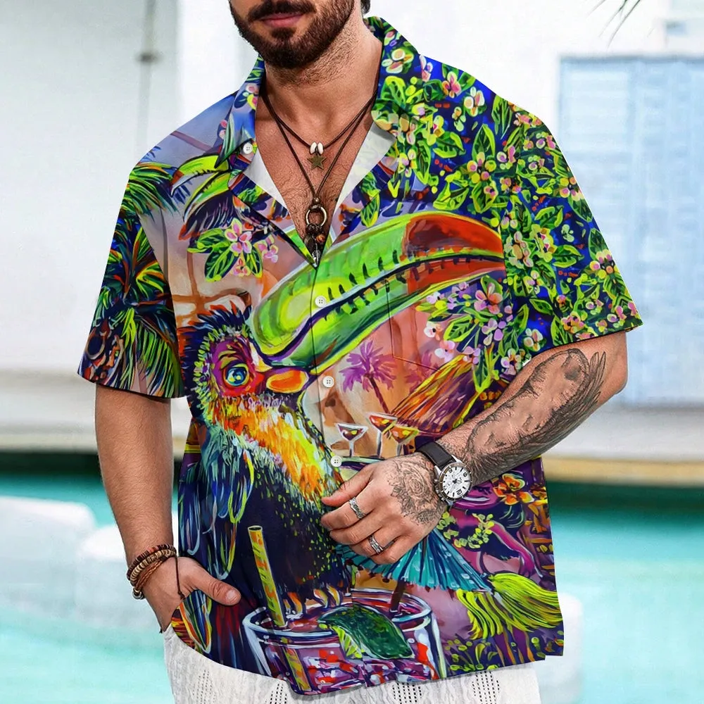 Toucan TIKI Art Printed Casual Large Size Short Sleeve Shirt 2407000601