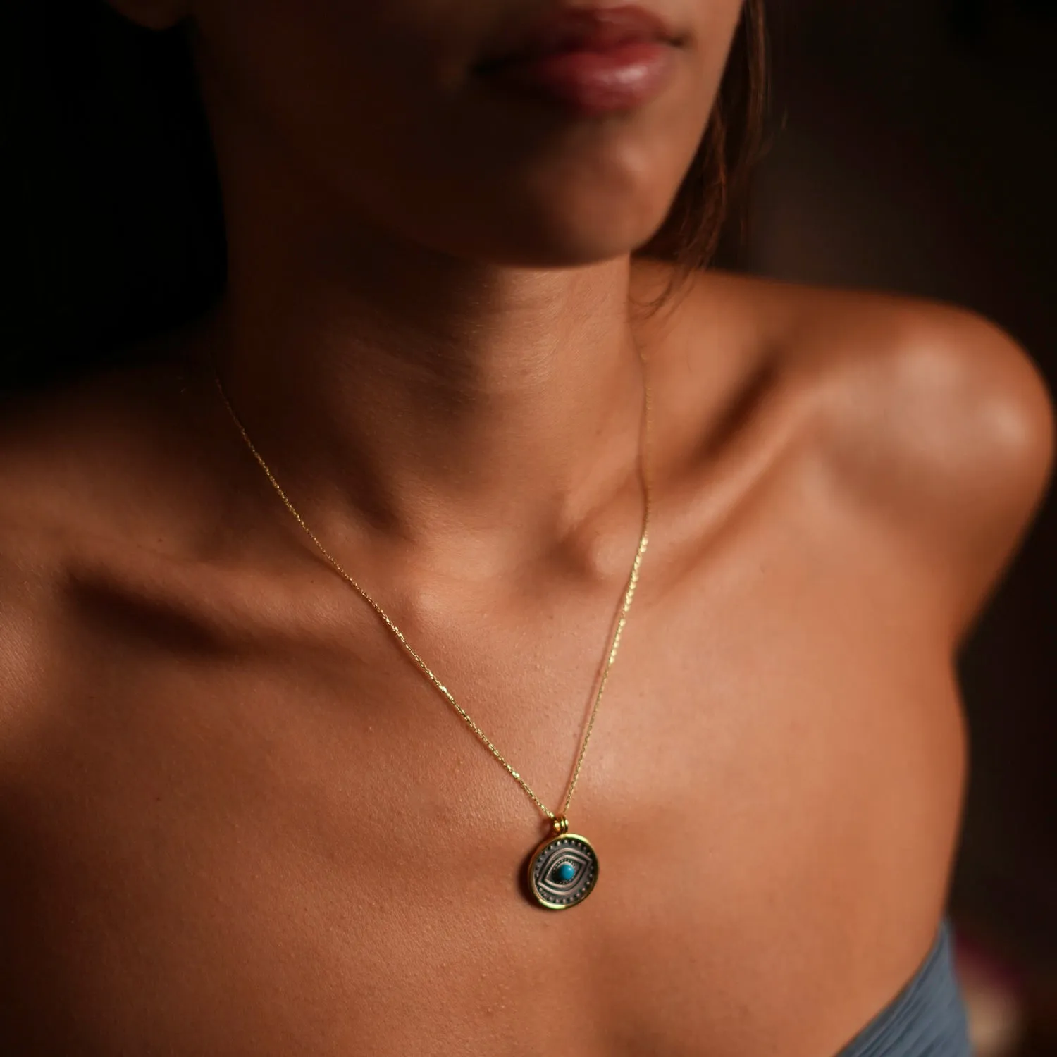 Turquoise & Sterling Silver Positive Energy Pendant Gold Necklace
