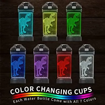 Tyrannosaurus Rex Dinosaur Water Bottle, Glows in the Dark kids Drinking Bottle with 7 Color Lights, BPA Free Tritan & Leak Proof Flip Top Lid & Easy Clean & Carry Handle , 14 Oz