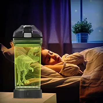 Tyrannosaurus Rex Dinosaur Water Bottle, Glows in the Dark kids Drinking Bottle with 7 Color Lights, BPA Free Tritan & Leak Proof Flip Top Lid & Easy Clean & Carry Handle , 14 Oz