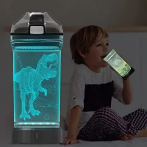 Tyrannosaurus Rex Dinosaur Water Bottle, Glows in the Dark kids Drinking Bottle with 7 Color Lights, BPA Free Tritan & Leak Proof Flip Top Lid & Easy Clean & Carry Handle , 14 Oz