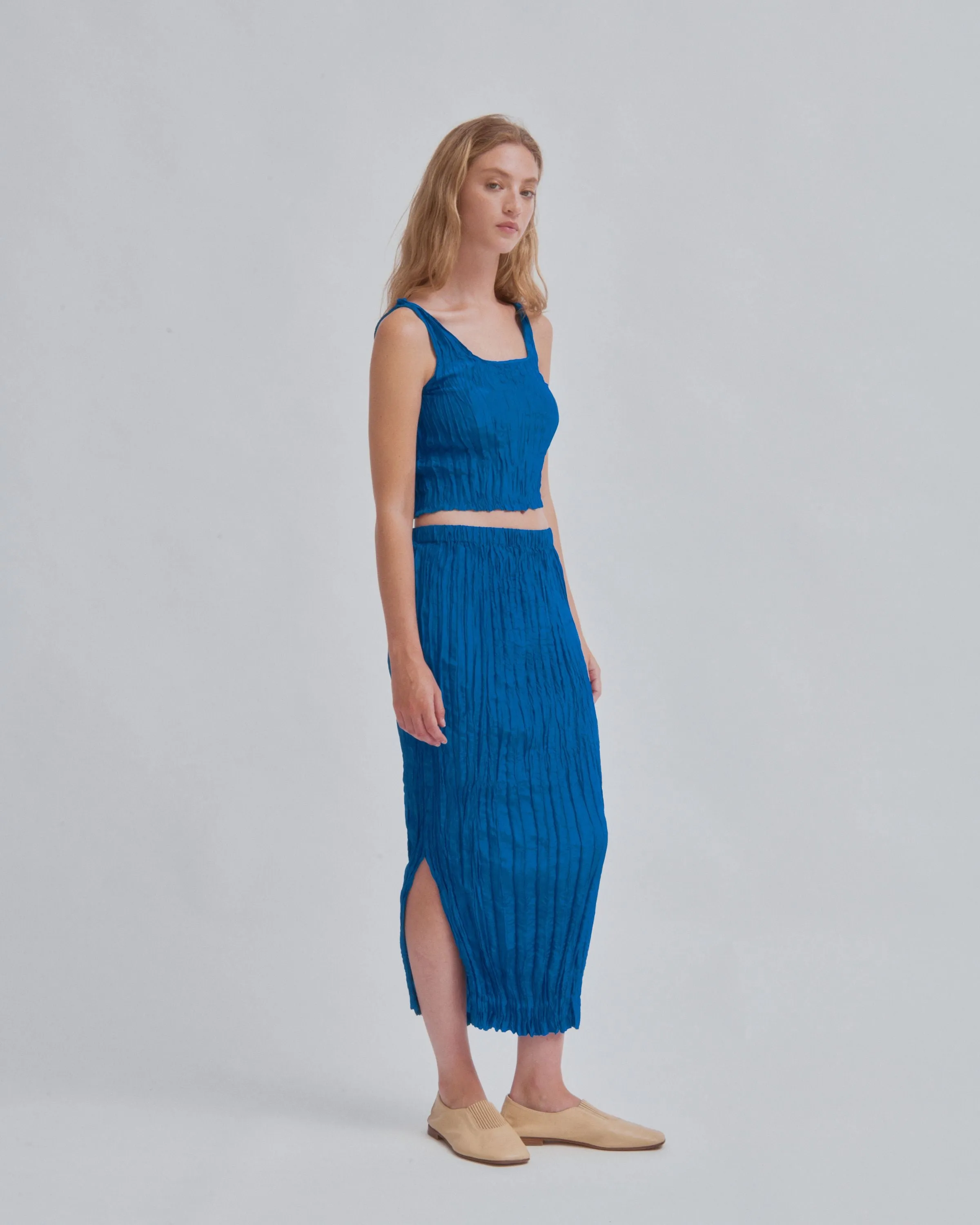 U-Neck Pleated Top in Cerulean