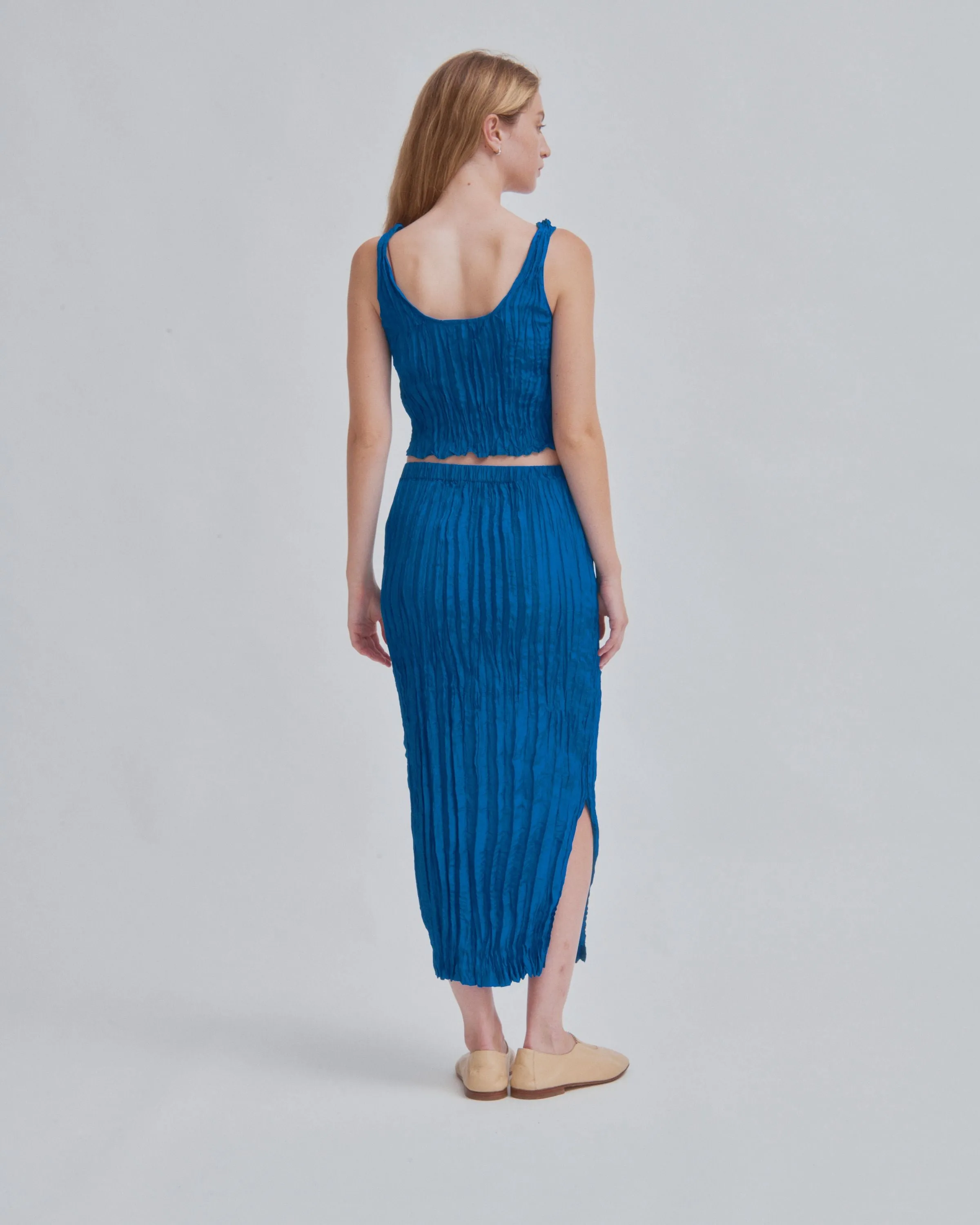 U-Neck Pleated Top in Cerulean
