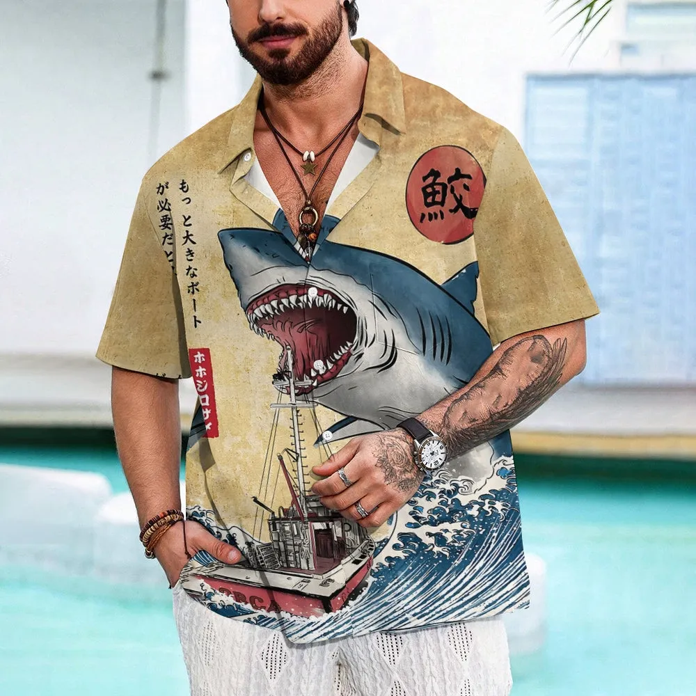 Ukiyoe Waves and Sharks Casual Large Size Short Sleeve Shirt 2406003223