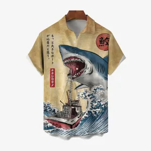 Ukiyoe Waves and Sharks Casual Large Size Short Sleeve Shirt 2406003223