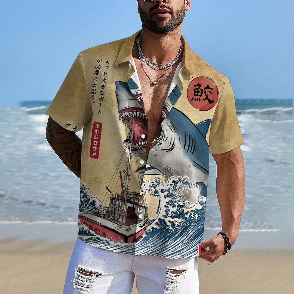 Ukiyoe Waves and Sharks Casual Large Size Short Sleeve Shirt 2406003223