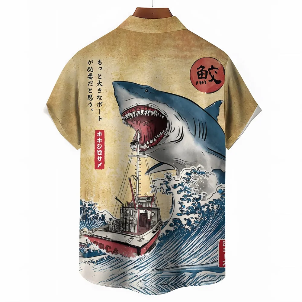 Ukiyoe Waves and Sharks Casual Large Size Short Sleeve Shirt 2406003223