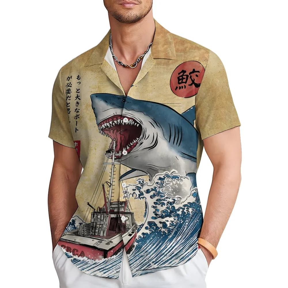 Ukiyoe Waves and Sharks Casual Large Size Short Sleeve Shirt 2406003223