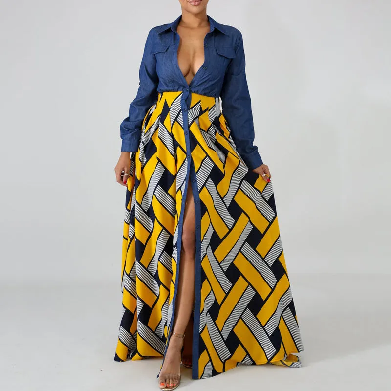V-neck Print Stitch Denim Long-Sleeve Dress