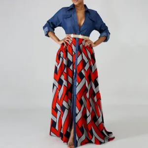 V-neck Print Stitch Denim Long-Sleeve Dress