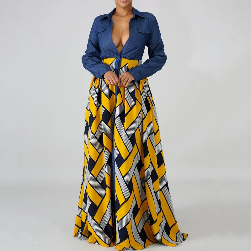 V-neck Print Stitch Denim Long-Sleeve Dress