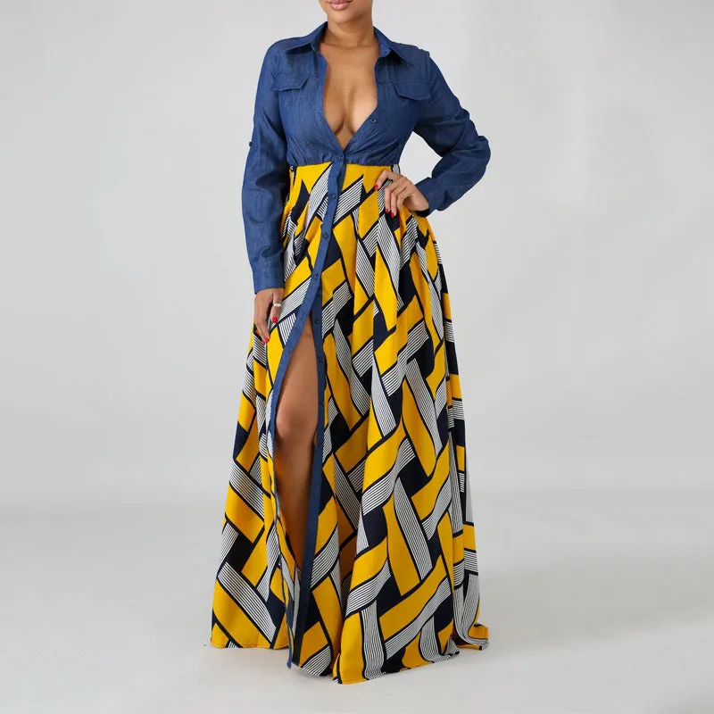 V-neck Print Stitch Denim Long-Sleeve Dress
