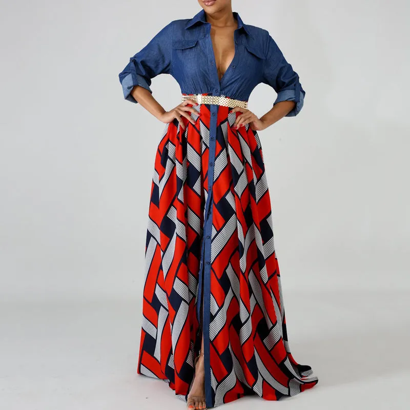 V-neck Print Stitch Denim Long-Sleeve Dress