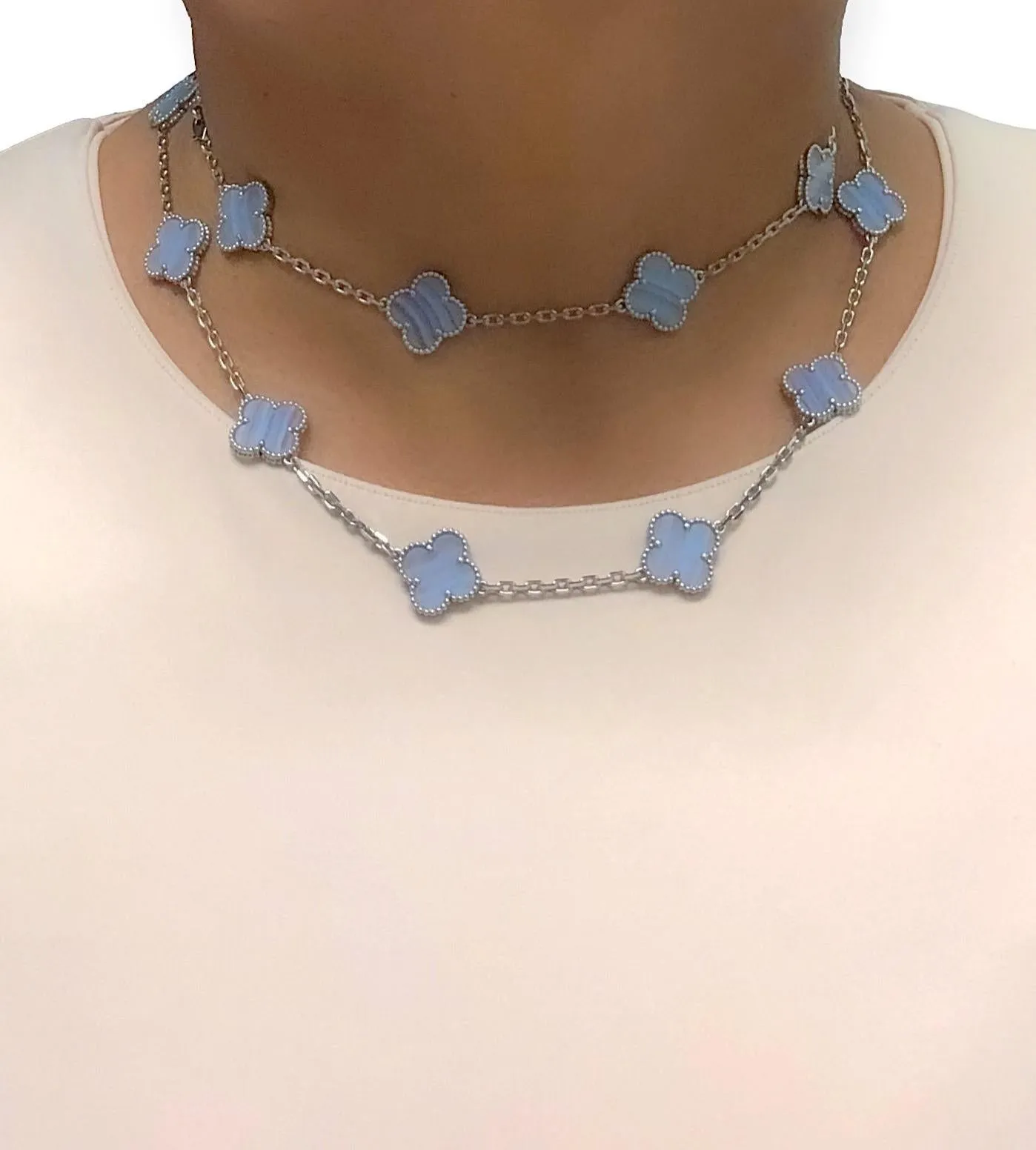 Van Cleef & Arpels 18K White Gold Vintage Alhambra 20 Motif Chalcedony Necklace