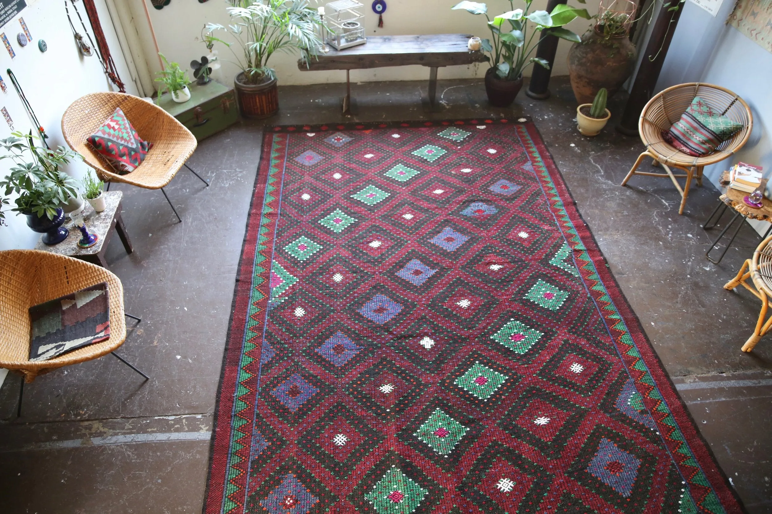 Vintage Mersin Mut Cicim Kilim 7.9ftx11.11ft