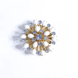 Vintage Milk Glass and Blue Rhinestone Pinwheel Brooch