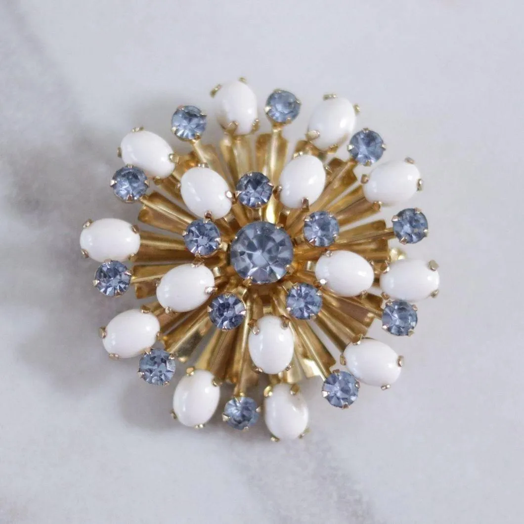 Vintage Milk Glass and Blue Rhinestone Pinwheel Brooch