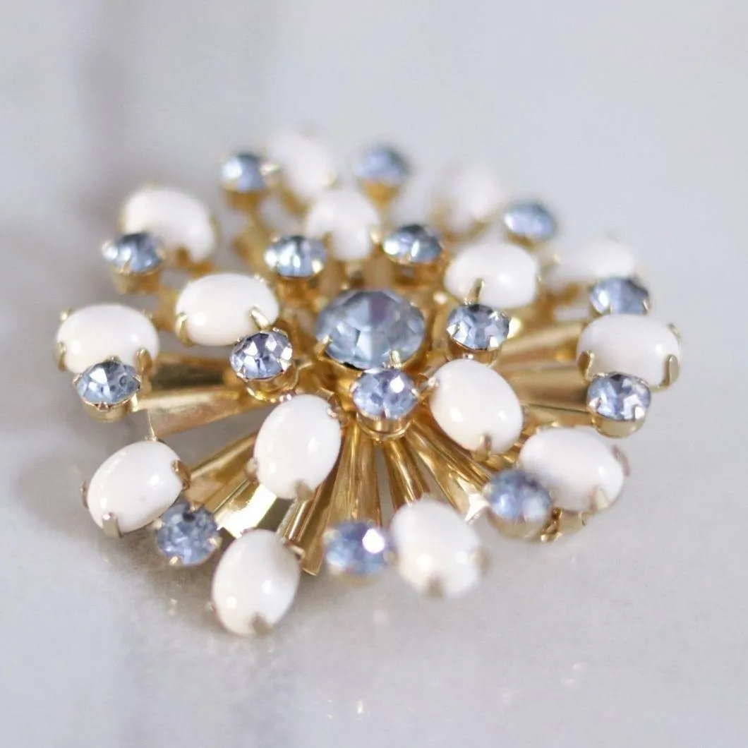 Vintage Milk Glass and Blue Rhinestone Pinwheel Brooch