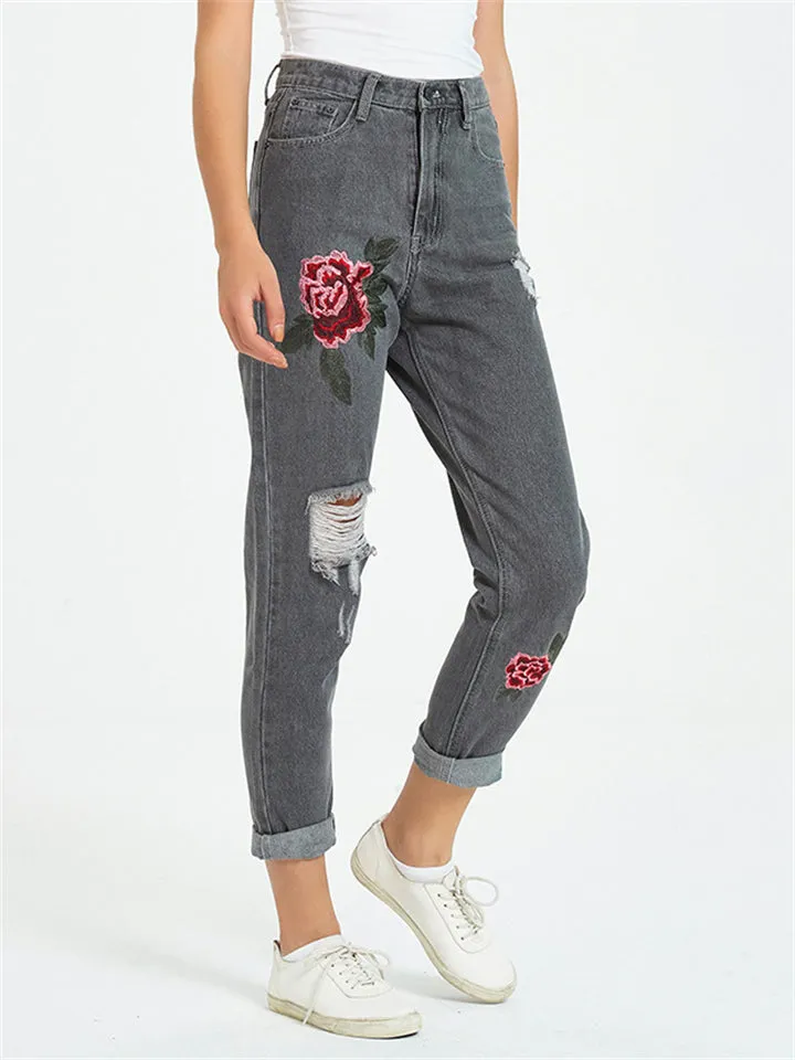 Vintage Street Style Red Floral Embroidery Ripped Straight-Leg Women Jeans for Autumn