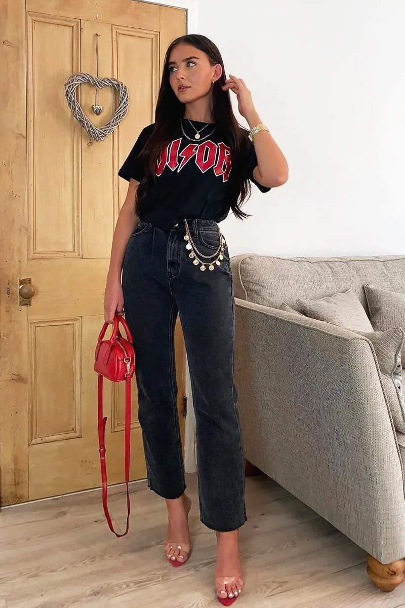 Washed Black Wide Leg Denim Jeans - Annalya