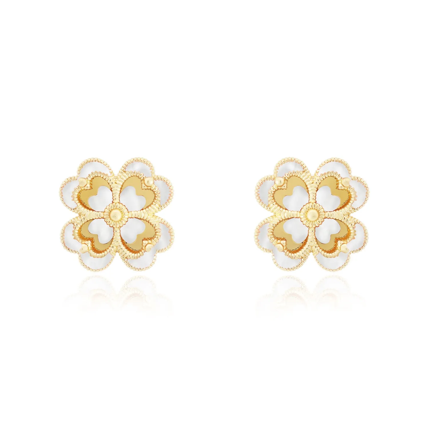 White Enamel and Gold Clover Earrings