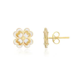 White Enamel and Gold Clover Earrings