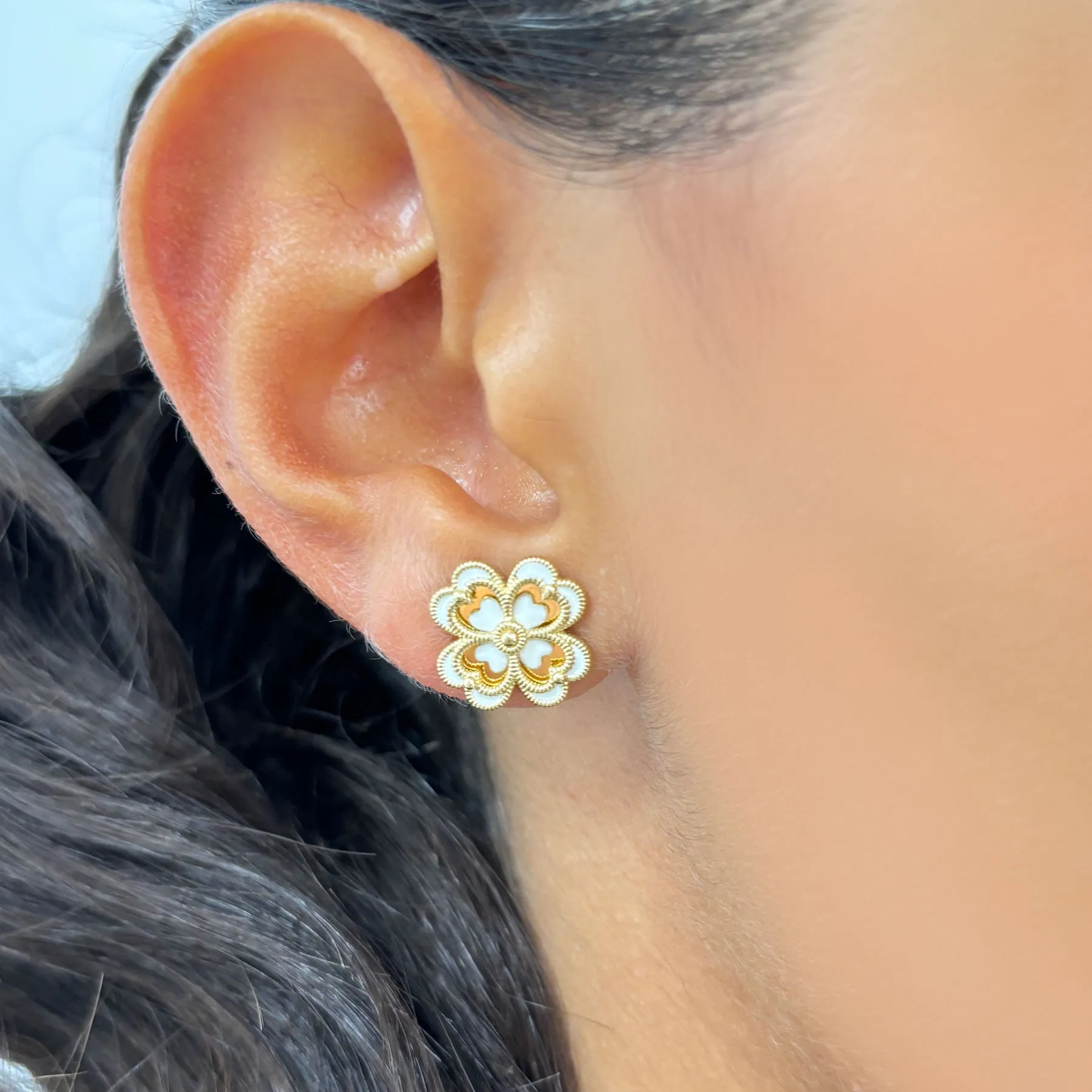 White Enamel and Gold Clover Earrings