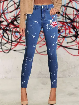 Women's Floral Embroidery Skinny White Spray Print Denim Jeans