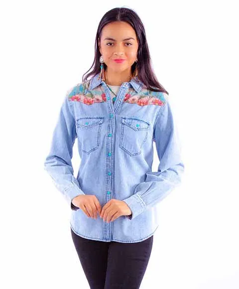 Women's Honey Creek Collection Blouse: Denim and Cactus